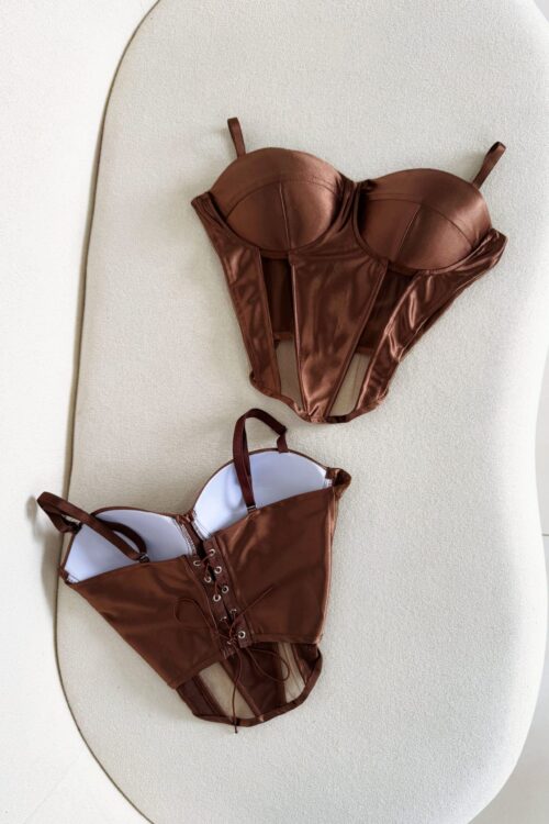 Cropped Corset Cetim com Tule Marrom