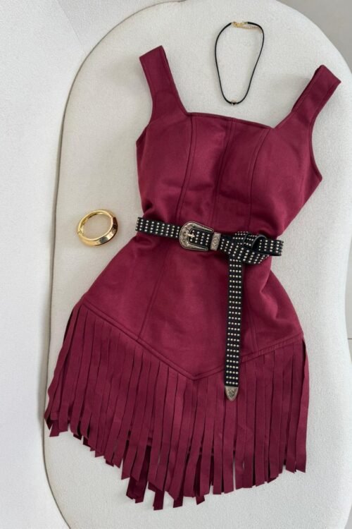 Vestido Suede Franjas Bordo