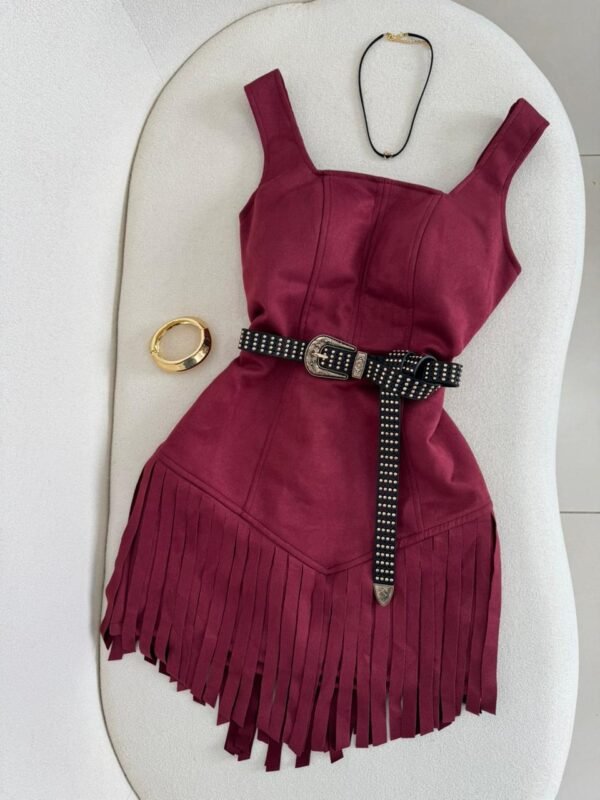 Vestido Suede Franjas Bordo