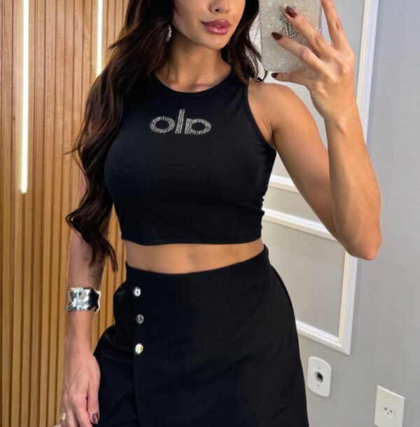 Cropped Regata Canelado Escrita em Strass - Imagem 2