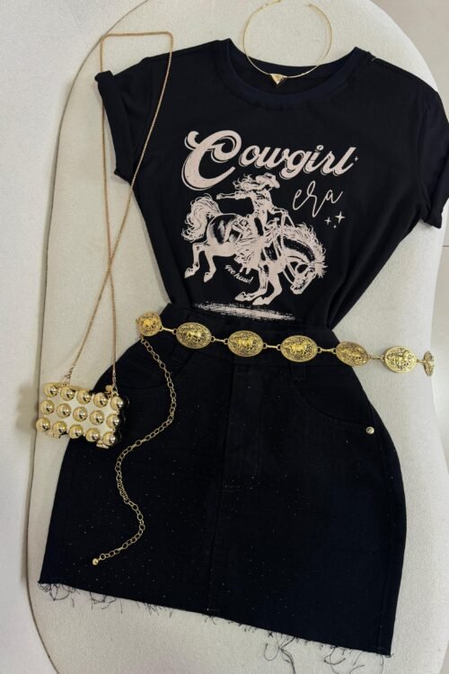 Saia Jeans Com Strass Preta