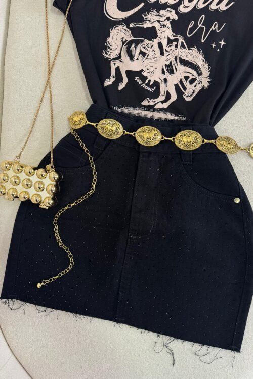 Saia Jeans Com Strass Preta
