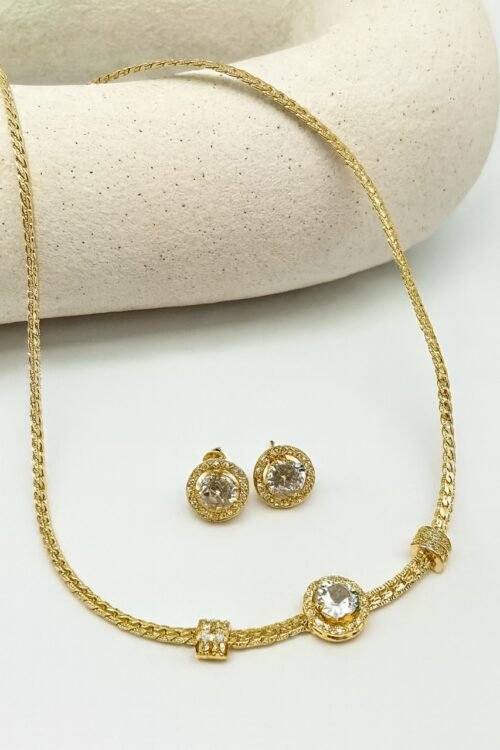 Conjunto de Brinco + Colar Zirconia Redonda Dourado