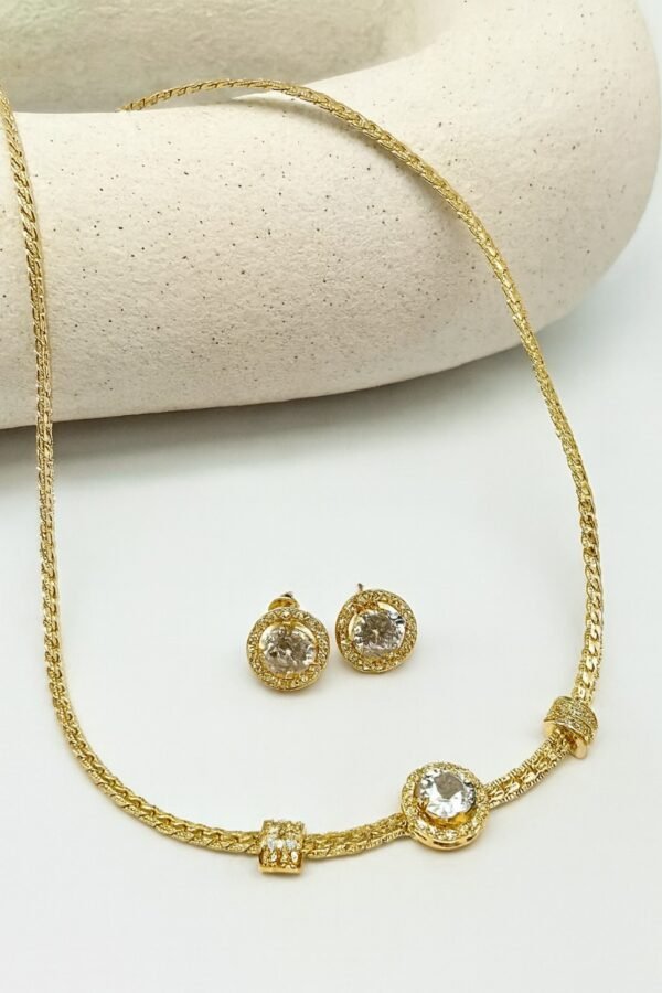 Conjunto de Brinco + Colar Zirconia Redonda Dourado