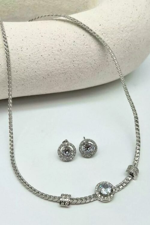 Conjunto de Brinco + Colar Zirconia Redonda Prata