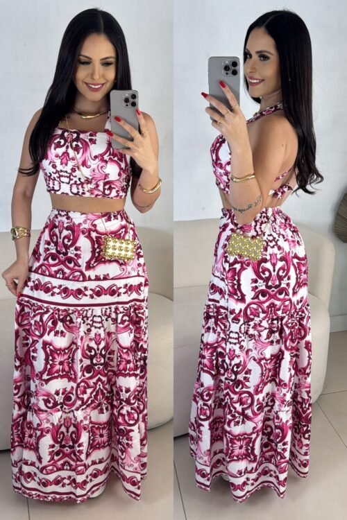 Conjunto Longo Estampado Rubia Rosa com Branco