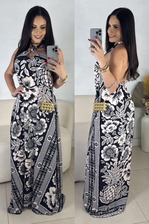 Vestido Longo Estampado Flower Branco com Preto