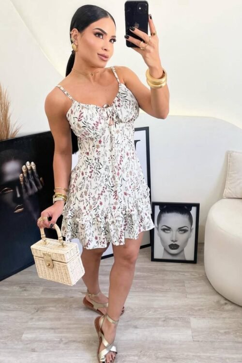 Vestido Viscolinho Estampado Floral Branco