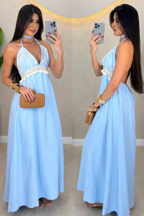 Vestido Longo Cordinhas Azul