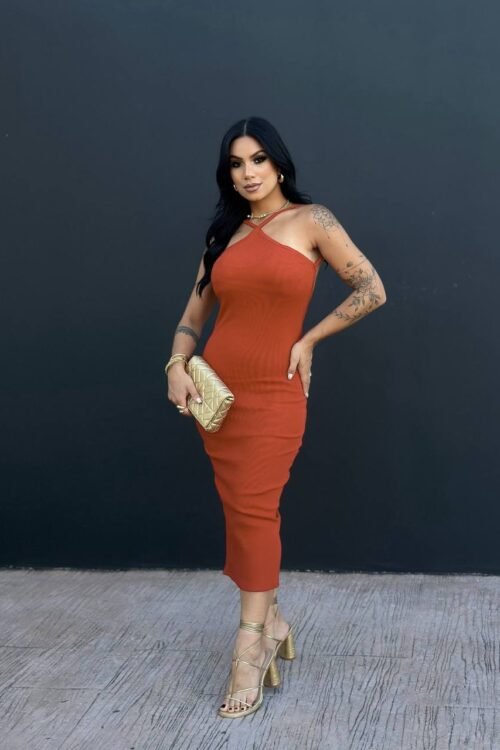 Vestido Mid Canelado Costas Abertas Terracota