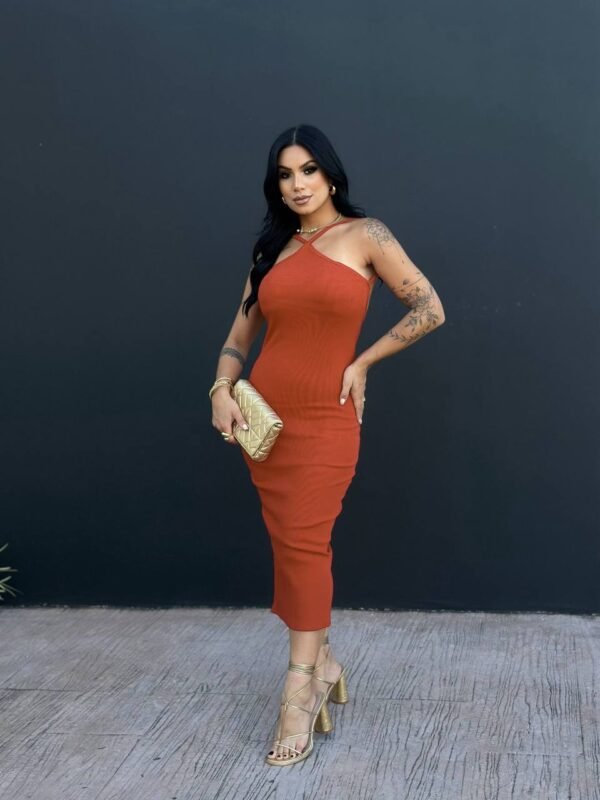 Vestido Mid Canelado Costas Abertas Terracota