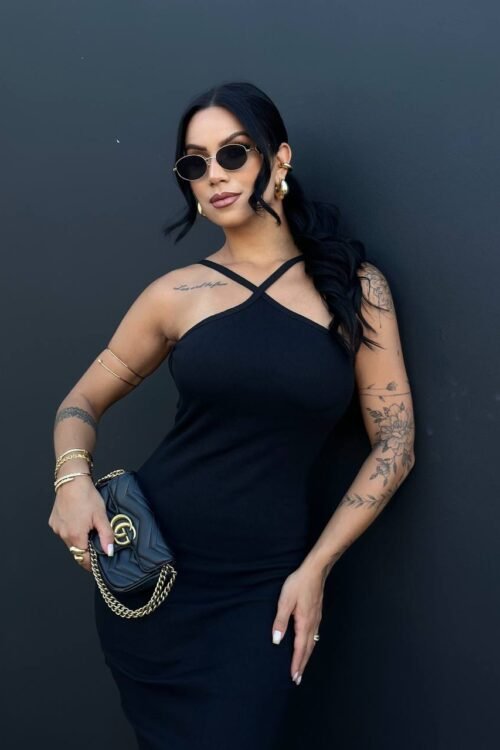 Vestido Mid Canelado Costas Abertas Preto