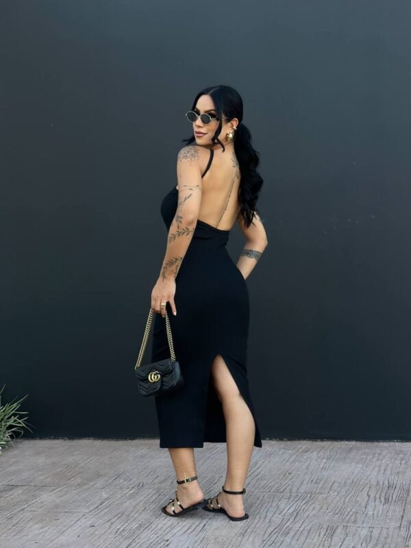 Vestido Mid Canelado Costas Abertas Preto - Imagem 3