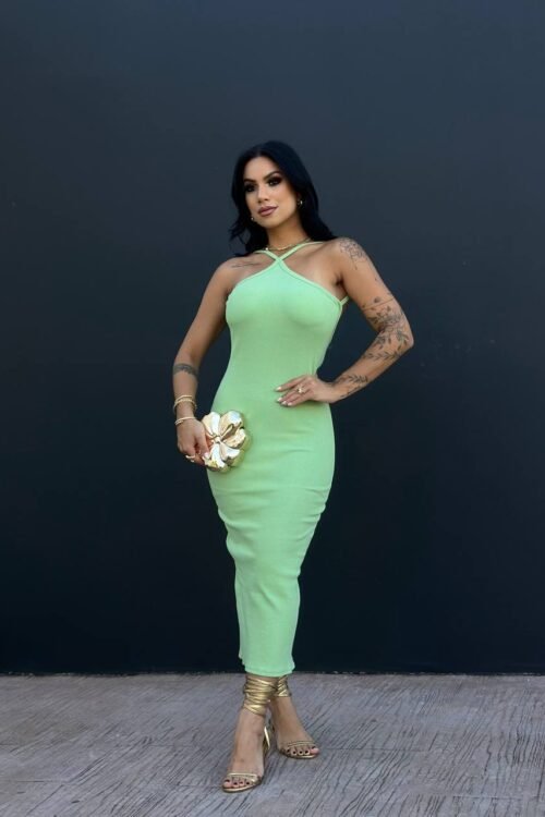 Vestido Mid Canelado Costas Abertas Verde