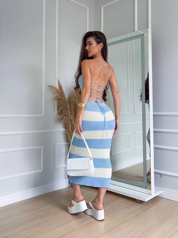 Vestido Mid Costas Cruzadas Em Tricô Modal Listrado Azul - Imagem 2