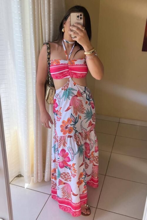 Vestido Longo 2 Formas De Usar Estampado Rosa
