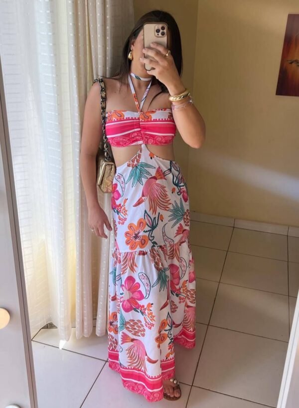 Vestido Longo 2 Formas De Usar Estampado Rosa - Imagem 2
