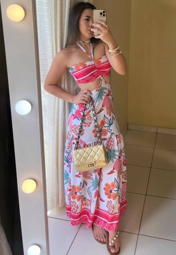 Vestido Longo 2 Formas De Usar Estampado Rosa - Imagem 3