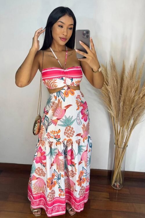 Vestido Longo 2 Formas De Usar Estampado Rosa