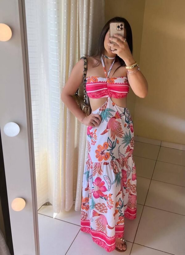 Vestido Longo 2 Formas De Usar Estampado Rosa - Imagem 4