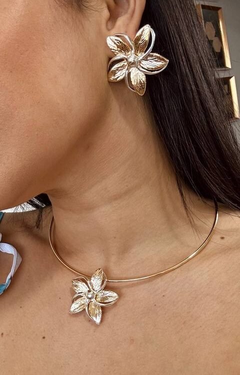 Conjunto De Colar Choker + Brinco Flor 2 Banhos