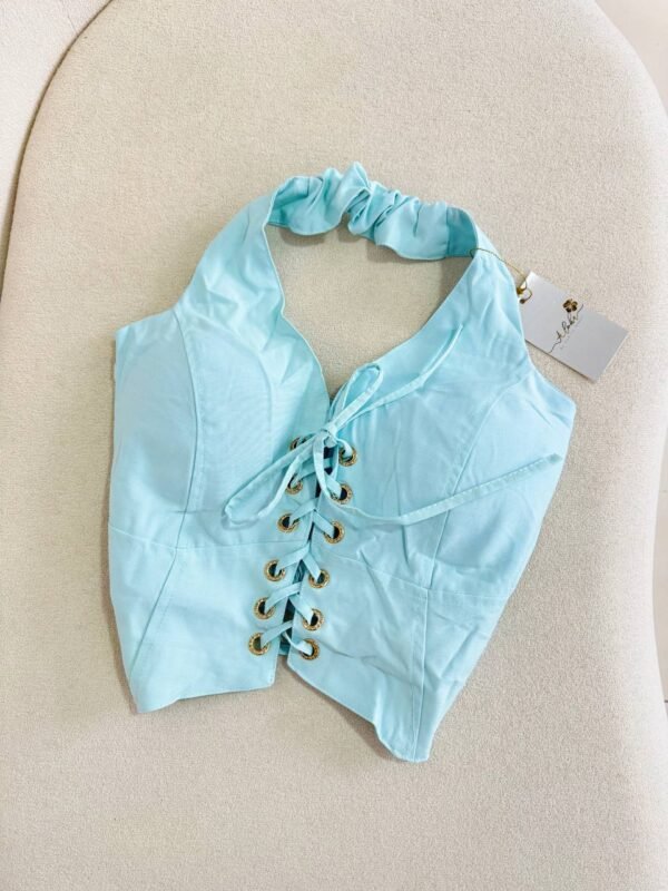 Cropped Corset Com Ilhós Strass Na Frente Azul Tiffany - Imagem 2