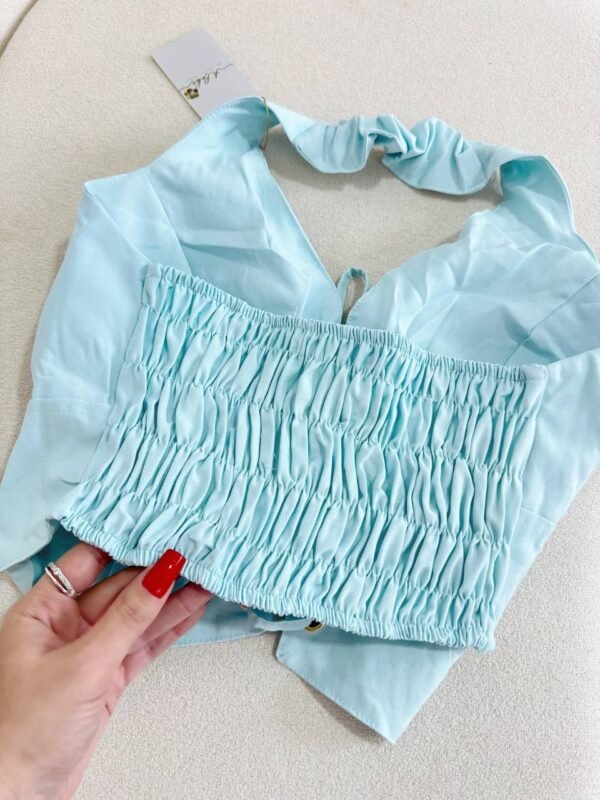 Cropped Corset Com Ilhós Strass Na Frente Azul Tiffany - Imagem 3