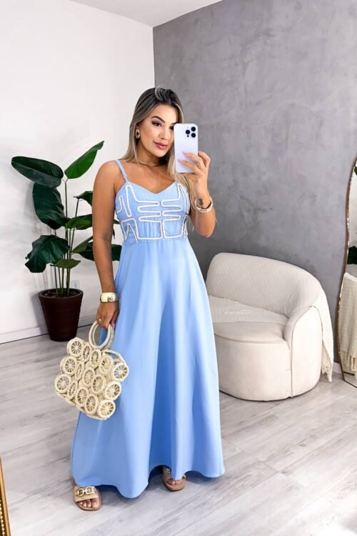 Vestido Longo Detalhes Na Frente Azul