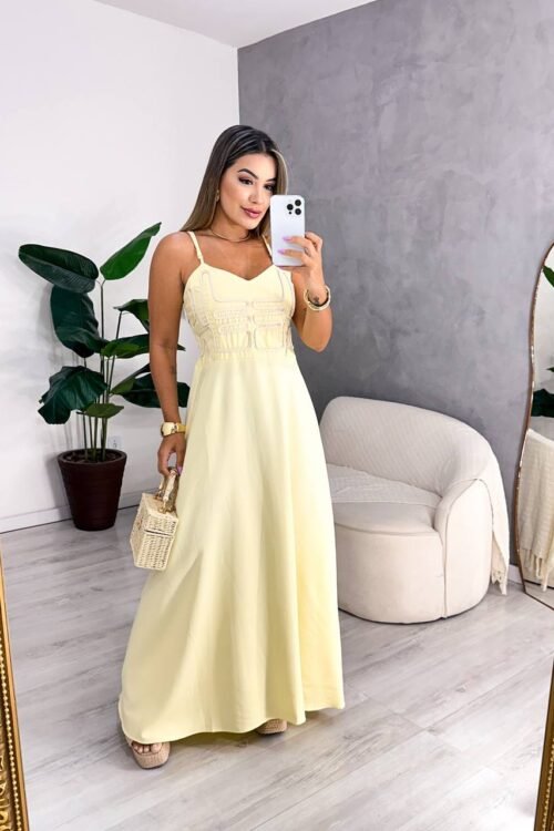 Vestido Longo Detalhes Na Frente Amarelo