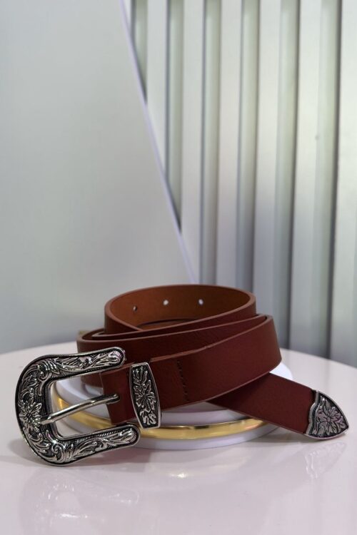 Cinto Marrom Cíntia com Fivela Flor Grafite