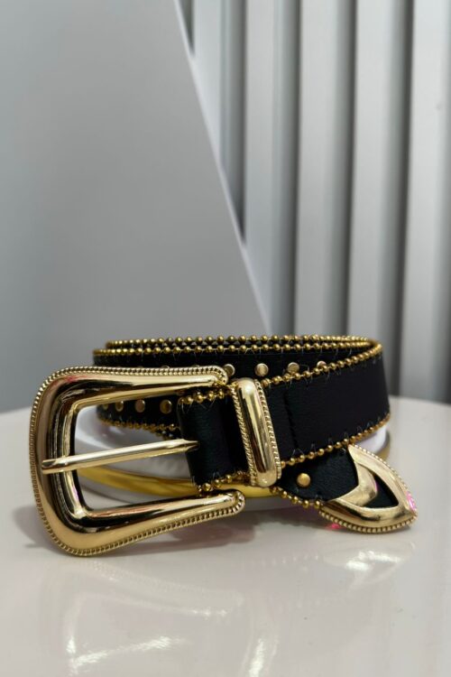 Cinto Preto Tachinhas e Bolinhas Dourada Fivela Lisa