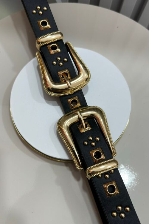 Cinto 2 Fivelas Detalhes Quadrados Fivela Lisa Dourada