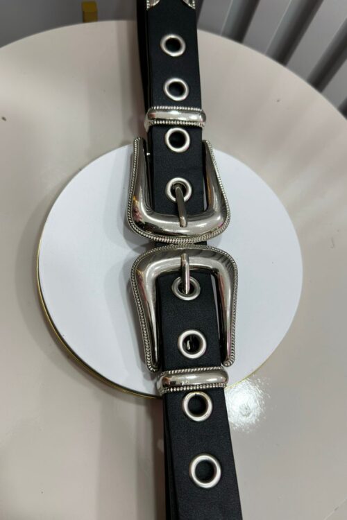 Cinto 2 Fivelas Preto com Ilhós Prata