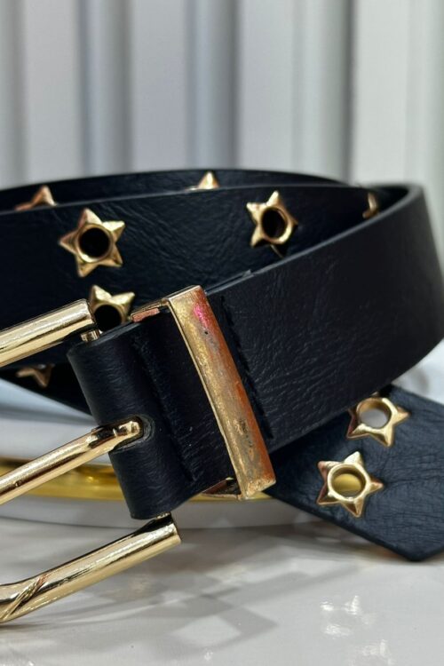 Cinto Preto Ilhós Estrela Fivela Lisa Dourado