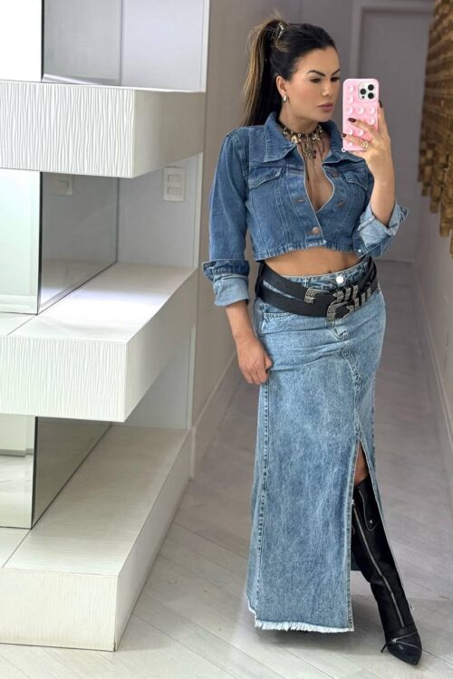 Saia Longa Melinda Jeans Com Fenda