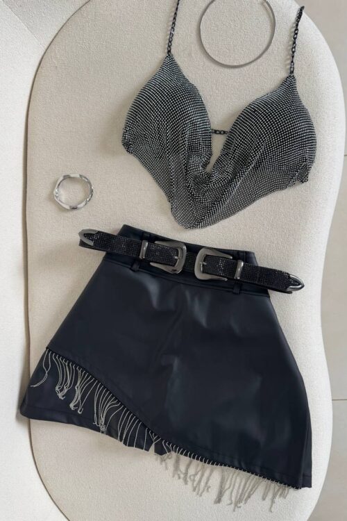 Cinto Strass Preto Duas Fivelas