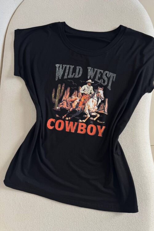 T-shirts Country Com Aplicação Cowboy Preto