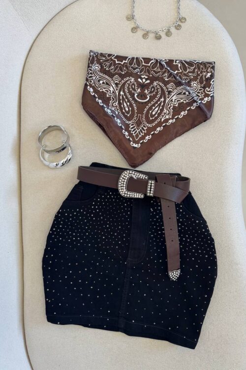 Saia Preta Jeans Lycra Com Strass