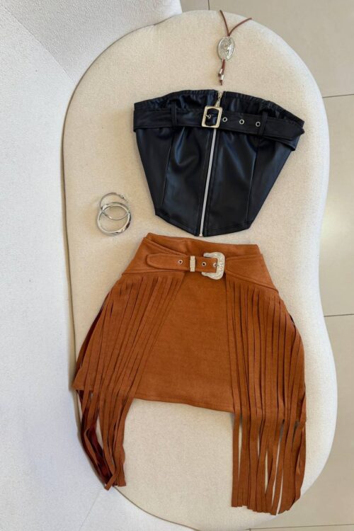 Saia Franjas Suede com Cinto Country Caramelo