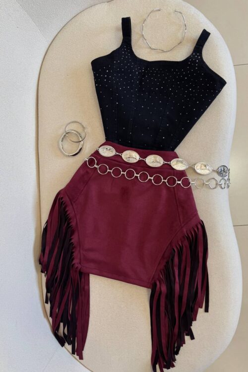 Saia Suede com Franjas Laterais Bordo