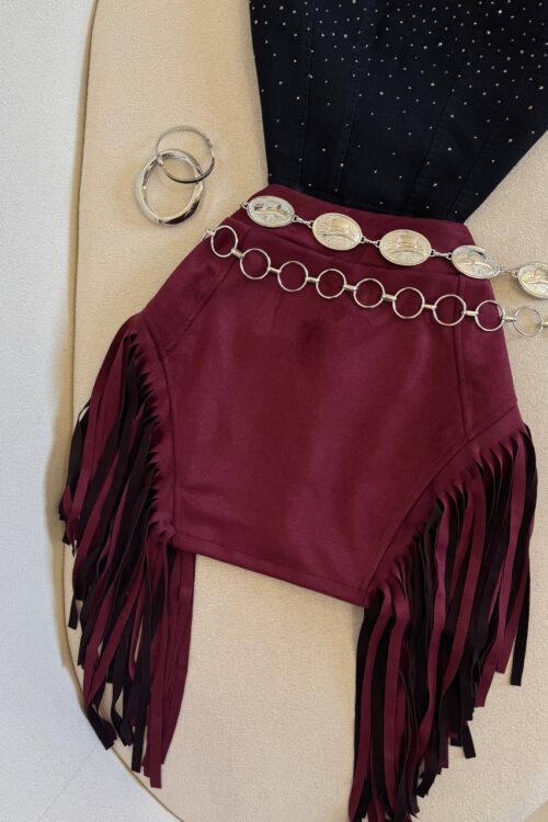Saia Suede com Franjas Laterais Bordo