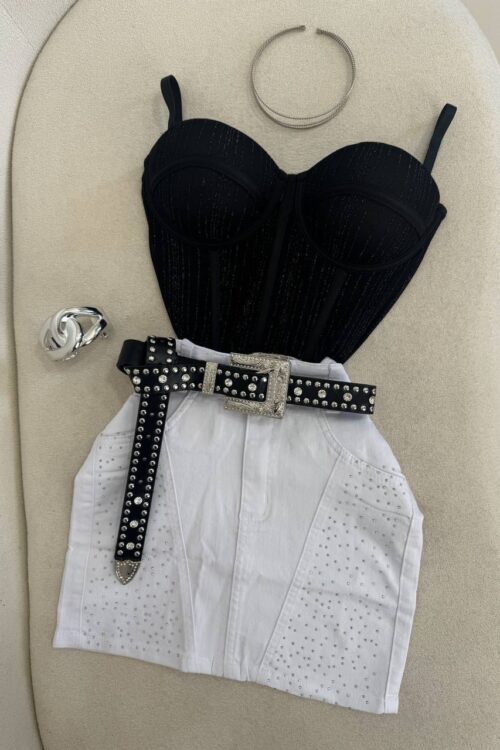 Saia Jeans Branca com Strass