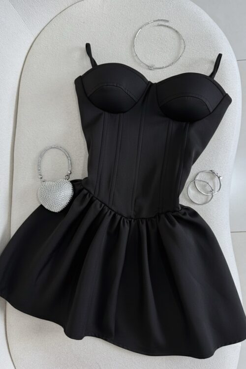 Vestido Corset Alcinha Rodado Alfaiataria Preto