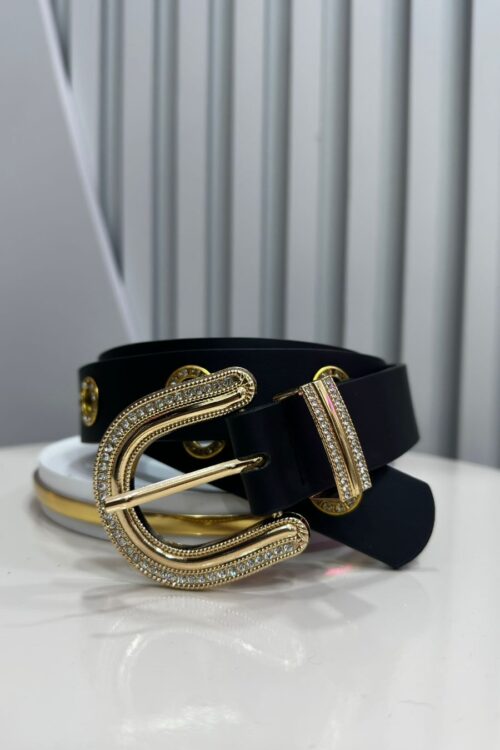 Cinto Preto Ilhós e Fivela Strass Dourado
