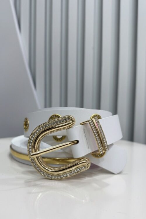 Cinto Branco Ilhós e Fivela Strass Dourado