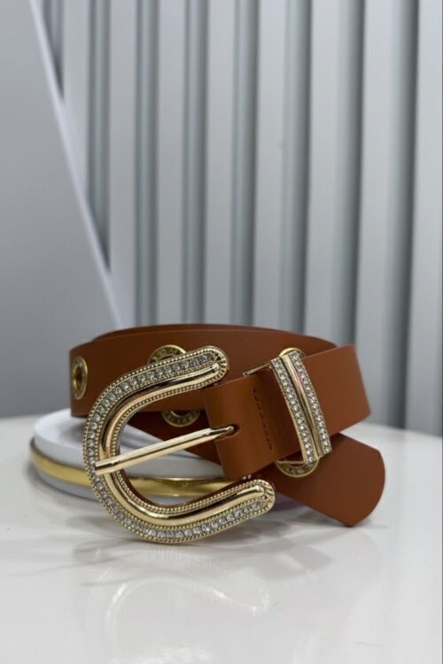 Cinto Marrom Ilhós e Fivela Strass Dourado