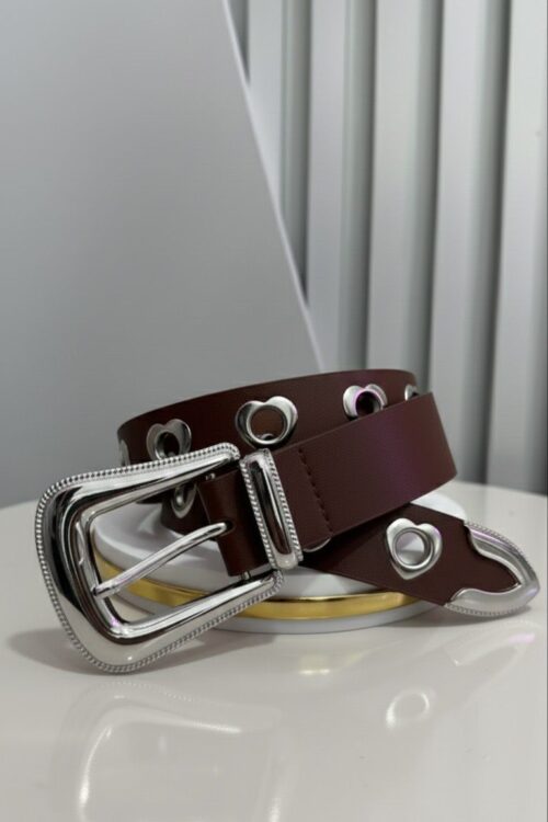 Cinto Marrom Ilhós Coração Prata