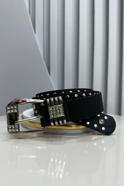 Cinto Preto com Strass Quatro Aros Prata