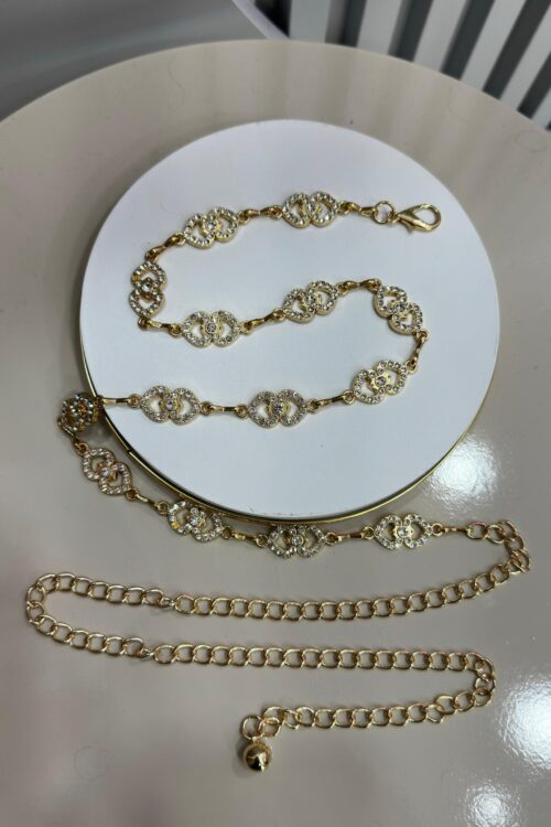 Cinto Corrente Dois Corações Strass Dourado