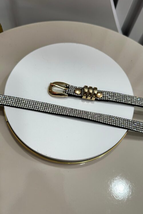 Cinto Faixa Strass Prata Fivela Dourada